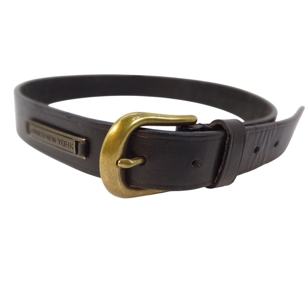 Jones New York‎ Womens Leather Belt Black Brass Buckle Logo Plate Small